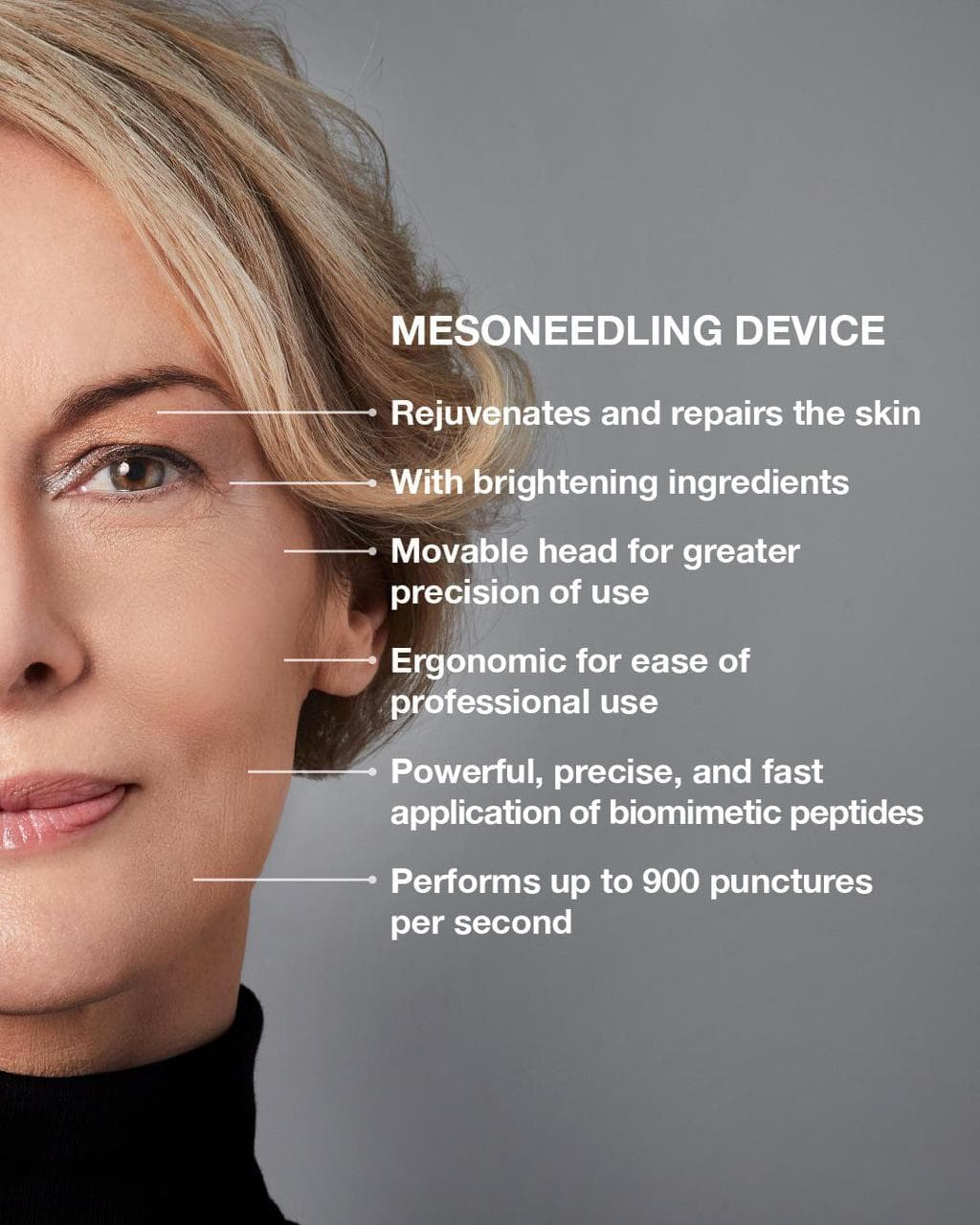 Skin rejuvenation microneedling device infographic highlighting collagen stimulation, brightening ingredients, and precision application